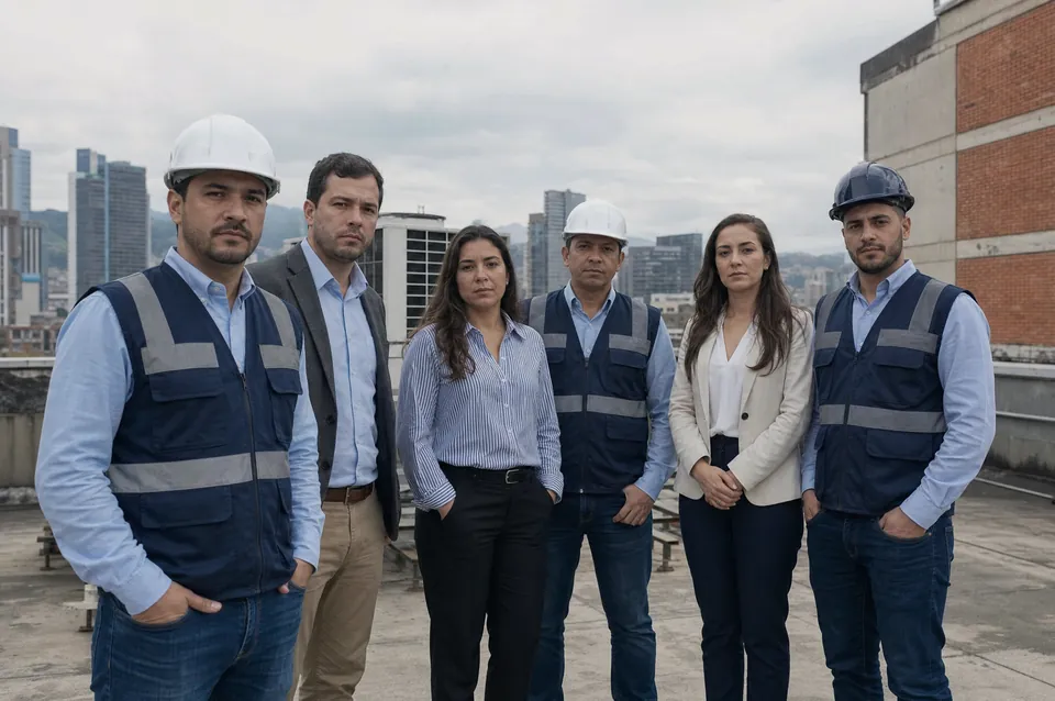 Equipo de ingenieros, técnicos y administrativos en la azotea de un edificio de oficinas