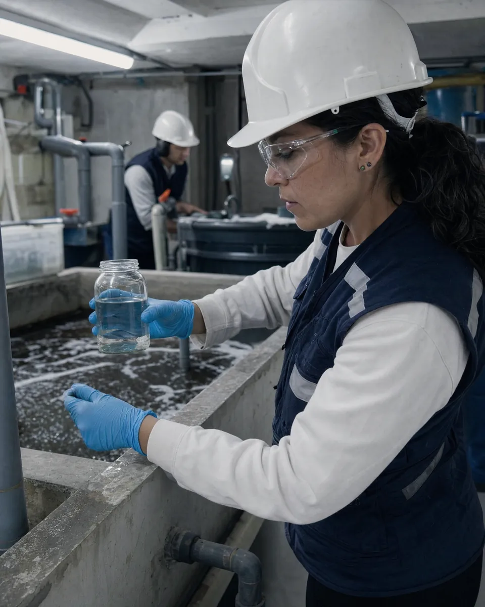 Ingeniera ambiental toma una muestra de agua en una planta de tratamiento
